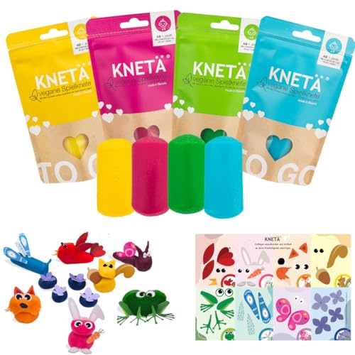 KNETÄ Pâte à modeler à partir de 1 an I Kit de fête I 4 x 100 g de pâte végétalienne pour enfants avec 1 carte de bricolage motifs animaux I Playdough I Anniversaire d'enfant
