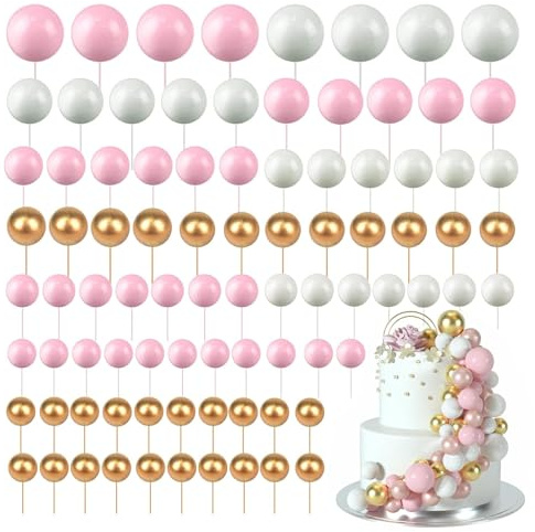 xolear 108 Piezas Decoración Tarta de Bola, 5 Tamaños Topper Cake Bola, Mini Decoracion Tarta, DIY Cumpleaños Cake Topper para Bodas de Cumpleaños Aniversarios (Rosa/Blanco/Dorado)