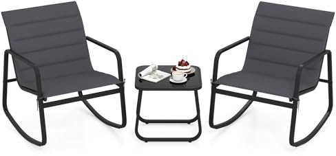COSTWAY Set Tavolino e Sedie da Giardino con Cuscino, Set di Mobili a Dondolo, Set Bistrò 3 Pezzi, Tavolino in Vetro Temperato, Sedie in Textilene, per Giardino Cortile Piscina (Modello 2)
