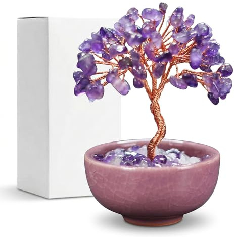 GWEOR Arbre de Vie en Améthyste avec 63 Pierres, Arbre de Cristal Feng Shui Porte-Bonheur, Boîte Cadeau Incluse, Décoration Maison, Cadeau Spirituel pour Femmes