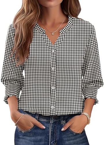 Rapbin Blusa de manga 3/4 con cuello en V para mujer, para verano, con botones, para el trabajo, la oficina, Cuadros negros, L