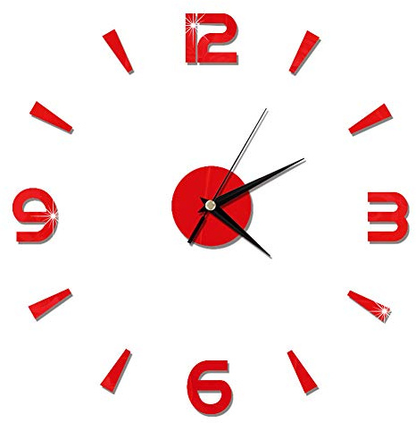 MAGT Wanduhr Aufkleber, Moderne 3D Wand Uhr Aufkleber Schön Hängende Uhr Wandtattoo für Wohnzimmer Schlafzimmer Büro Küche Dekoration (Rot)