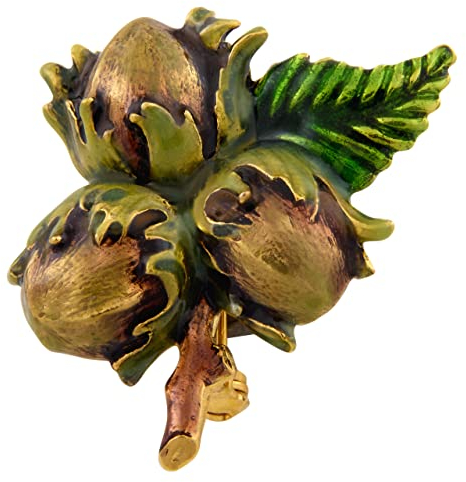 ba bijou-art Damen-Brosche Emaille 3 Haselnüsse mit Blatt Anstecknadel Gold-Auflage 24-Karat