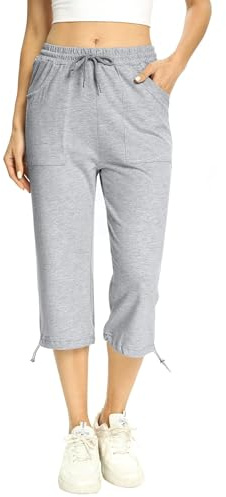 Totatuit Pantalones de Chándal Capri de Mujer Puro Algodón Pantalón de Jogging 3/4 para Mujer con Bolsillo Pantalon Ancho para Yoga y Correr Gris Claro XL