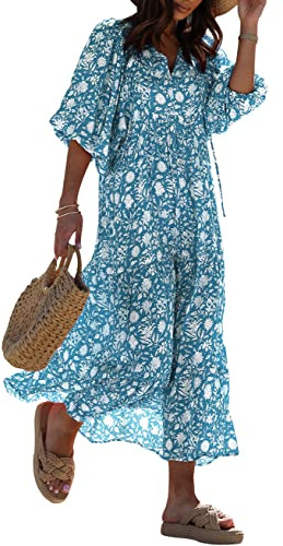 miduo Vestido Largo Casual de Verano con Cuello en V y Media Manga con patrón geométrico Bohemio para Mujer