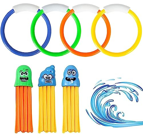 ​Tauchen Spielzeug,Outdoor Schwimmbad Spielzeug,Pool Tauchspielzeug für Kinder, Unterwasser Spielzeug Sommer,3PCS Tauchkrake und 4PCS Tauchringe Pool Spielzeug Unterwasser Schwimmbad Spielzeug
