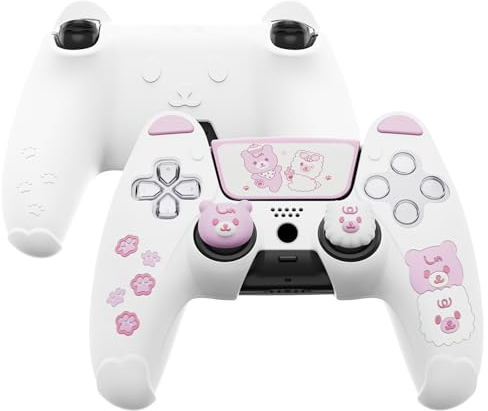 PlayVital Cute Bear Controller Silicone Case for ps5, Kawaii Controller Cover Compatible with Charging Station, Gamepad Skin Protector for ps5 with Touch Pad Sticker & Thumb Grips - White & Pink