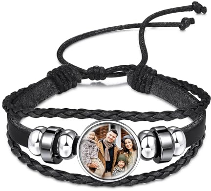 INBLUE Bracciale Pelle Personalizzato con Foto Interna per Donne Stile Avvolgente Bracciale Regolabile Corda Intrecciata con Perline Regalo Memoriale Gioielli per Madre Moglie (Stile A - Nero)