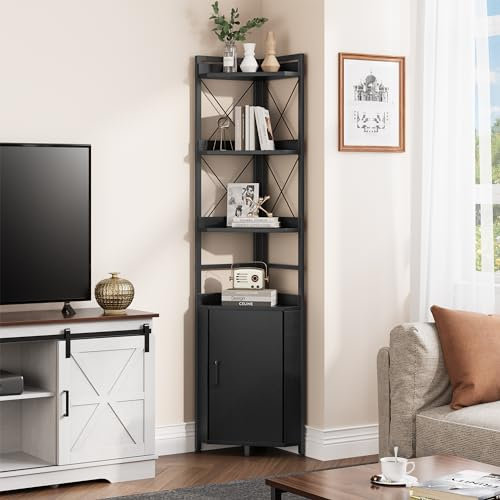 YITAHOME Corner Shelf 4 Tiers, Industrial Bookshelf with Cabinet Floorstanding Bookcase Wooden Storage Rack Shelving Units for Living Room, Home Office, Hallway, Black Book shelves