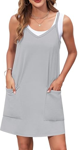 WNEEDU Femme Robe d'été Mini-Robe sans Bretelles Spaghetti Robes de Plage avec Poches Col V Sport Décontractée Robe de Tennis de Vacances