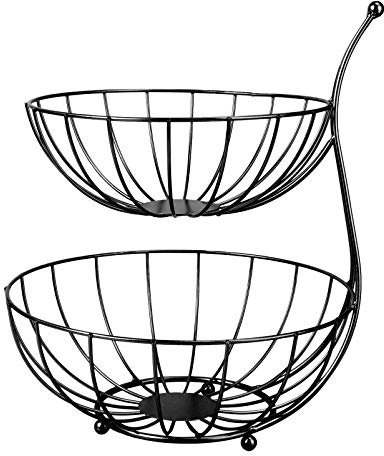 HAODUOO Metal Fruit Basket Fruit Etagere Fruit Bowl Fruit Basket 2 Tier with Banana Holder for Vegetables Fruit Snacks Bread Display Stand Kitchen Decoration-Schwarz Baskets(Schwarz)
