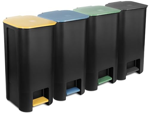 Go Practic Poubelle À Pédale Set 4x 40L, Cuisine Avec Couvercle Coloré, Bacs de Recyclage, Corbeille tri Selectif, Système De Tri Des Déchets Pour Papier, Plastique, Verre Et Bio Jaune, Vert Bleu Noir