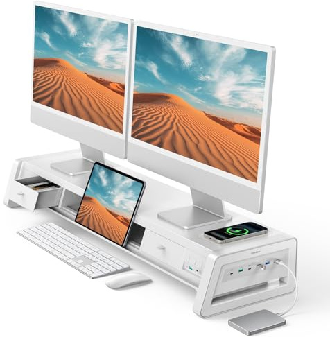 VAYDEER Soporte para 2 monitores, multiUSB, teléfono móvil, cajón, organizador de cables, 4 modos LED, elevador de escritorio