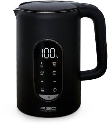 Edelstahl Wasserkocher mit Temperatureinstellung (40-100°C) | RED Colorsense A11E Teekocher 1,7L 2000W | Doppelwandig (Cool-Touch) | 2h Warmhaltefunktion & 5 Programme | Schwarz | BPA-frei | Kabellos