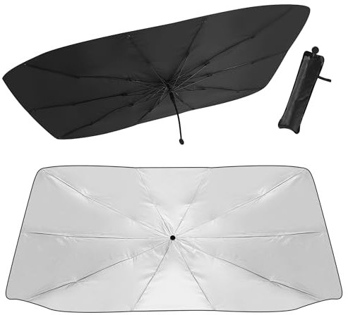 BUCOMTU Parasole per auto, parasole a ombrello 140x79 cm, parasole per parabrezza con borsa in pelle, pieghevole, girevole a 360°, resistente ai raggi UV e al calore, adatto alla maggior parte delle