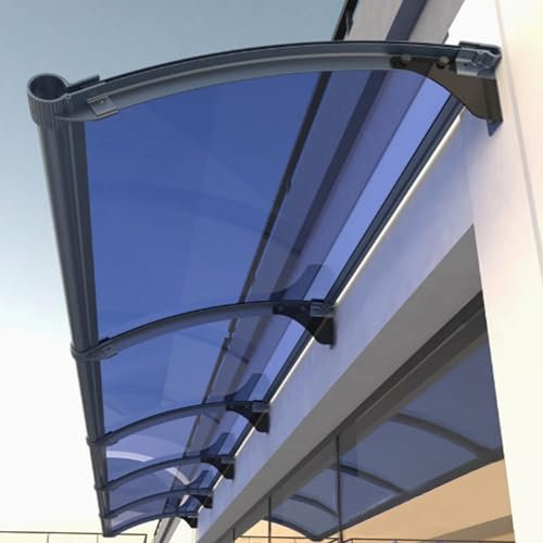 Auvent Voûté de Porte et Fenêtres,Toit Marquise en Polycarbonate Bleu avec Évier,Auvent de Porche,Terrasse Toit Abri Protection UV Silencieux,pour Garage,Balcon,Entrée,Bureau (80x180cm/31 x71)