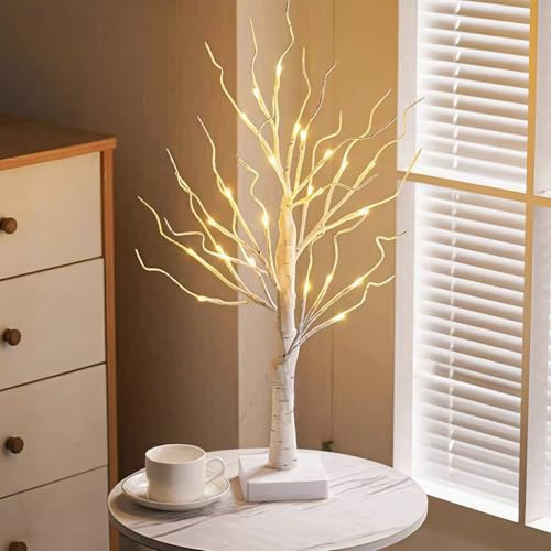 Christmas Tree for Christmas Decorations Indoor, 2 FT Birch Tree with 24 Led Lights, Warm White Fairy Lights, Spirit Tree Lamp for Home Centerpiece Table, Fireplace, Wedding, Halloween Decor