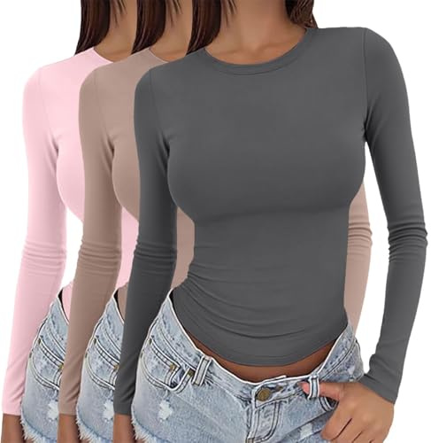 3Pz Maglietta a Maniche Lunghe Donna Aderente - Canottiera Donna Cotone Set 3 Pezzi Maglietta Lunga Girocollo Canottiere Classico Slim Fit Top Tinta Unita Pullover Tunica Biancheria Intima Termica