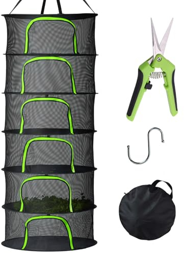 PROTITOUS 6 Layer Herb Drying Rack, Hanging Mesh Net, Foldable Plant Drying Rack with U-Shaped Double-Headed Zipper, Garden Shears & S Hooks, for Herbs, Plants, Fruits, Seafood, Clothing(23.62''W)