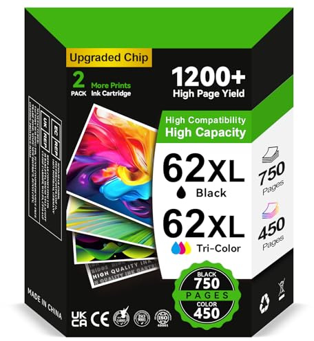 INKYEAH Cartouche 62 Noir et Couleur- 750/450+ Pages, Remplacement pour Cartouche HP 62 XL Original, Encre Imprimante 62 Pack de 2 pour HP Envy 5540 5640 7640 5544 5646 OfficeJet 200 250 5742 5740