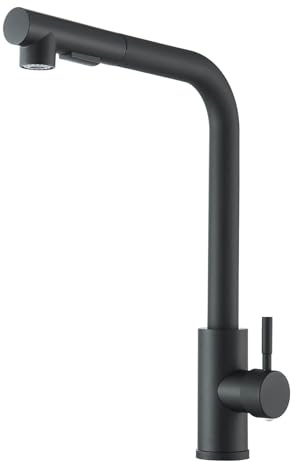 JUNSOTTOR Grifo de cocina negro mate, grifo de alta presión con ducha extensible, giratorio 360° y 2 tipos de chorro, acero inoxidable, fácil de montar