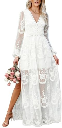 HOYISHION Women's Boho Lace Maxi Formal Dress Long Sleeve Wedding Guest Evening Party Long Dresses