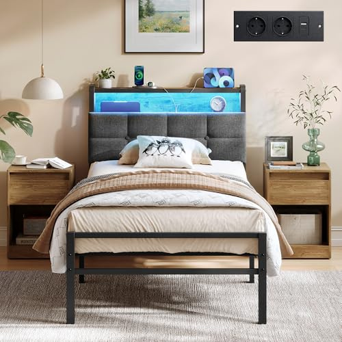 VASAGLE Estructura de Cama de Acero para Colchón de 90 x 190 cm, con Cabecero Tapizado, Luces LED y Enchufes, 208,9 x 90,5 x 104,5 cm, Negro Mate y Marrón Rústico, Colección Dupon RMB121G101