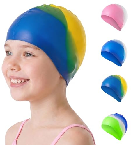 OSDUE Bonnets de Bain Enfant, Élastique, Imperméable pour Unisexe 4-12 Ans | Junior Bonnet de Natation en Silicone, Bonnet de Piscine Souple, Confort Résistant, Antidérapant, Dégradée