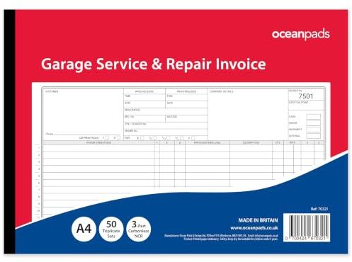 Garage Service & Repair Invoice Book A4 | 3-Part NCR Triplicate | 50 Sets | Workshop Job Card for Garages & Mechanics – Ocean Pads (70321)