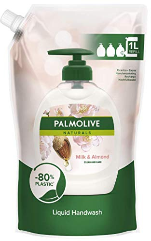 Palmolive Handtvål Milk & Almond Flytande Tvål, Dermatologiskt Testad Handtvätt, Skonsam, Stor Refillpåse Använder 80% Mindre Plast – Refillpåse 1 Liter
