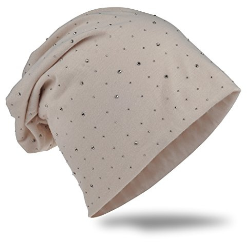Miobo Jersey slouch beanie lång mössa med ädel strass stjärna nitar applikation unisex enfärgad män kvinnor trend, Beige, En Storlek