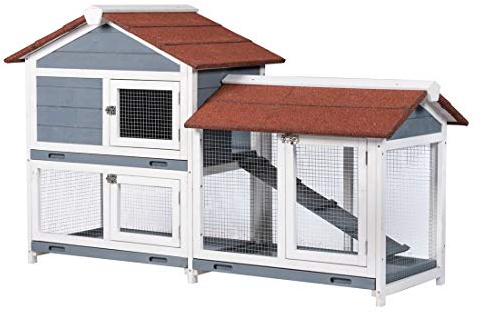 Good Life Two Floors 62 Wooden Outdoor Indoor Roof Waterproof Bunny Hutch Rabbit Cage Guinea Pig Coop PET House for Small to Medium Animals with Stairs and Cleaning Tray PET537