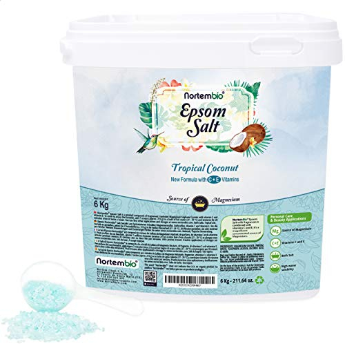 Nortembio Sali di Epsom 100% Fragranza Cocco Tropicale 6 kg – Fonte Naturale di Magnesio | Con Vitamina C ed E Idratante | Per Bagni Rilassanti, Spa e Cura della Pelle + E-Book Gratuito