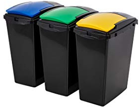 Addis Recycling 40 Litre Set of 3 Waste Utility Plastic Bins Interlocking Clips, Lift, Blue & Yellow, Black Colour Coded Lids Green, Blue, Yellow, 3 x 40
