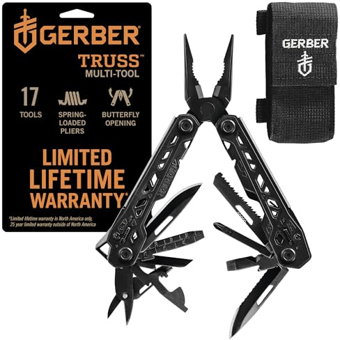 Gerber Gear Truss 17-in-1 Multitool with Pocket Knife and Needle Nose Pliers - Gifts for Men, Compact EDC Gear, Black with Standard Sheath