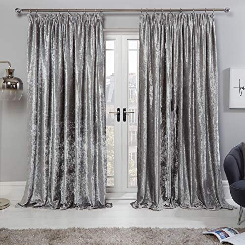 Sienna Crushed Velvet Curtains Pencil Pleat Pair of Fully Lined Tape Top Thermal Panels, Silver Grey - 66 x 72