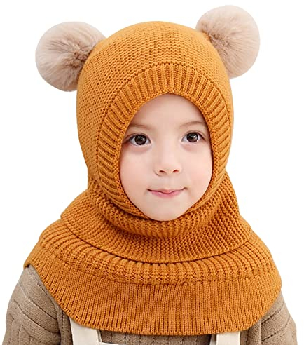 Herbests Warm Mütze und Schal Set für Jungen Mädchen 3-6 Jahre, Baby Beanie Stricken Wintermütze Warm Niedlich Schlupfmütze Kinder Bommelmütze Schalmütze Strickmütze mit Pompom,Gelb