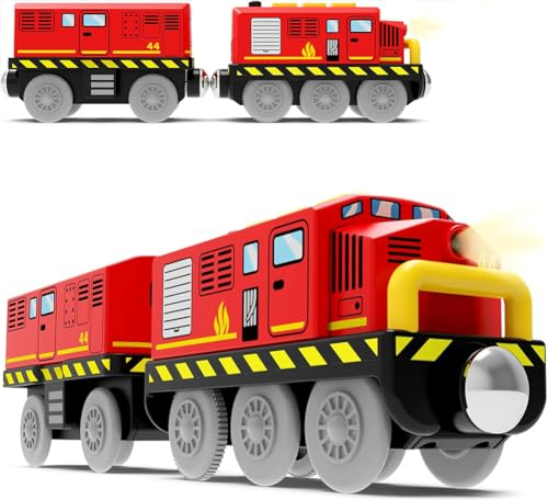 ZUOAN Wooden Train Toy Battery Operated Locomotive for Track, Motorised Toddlers with Magnetic Connection, Compatible Thomas, Brio, Chuggington, Melissa and Doug, Red