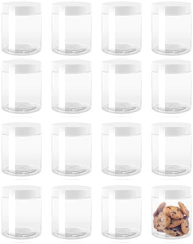 ZEONHEI Barattoli in plastica da 500 ml con coperchio bianco, confezione da 16 contenitori in plastica trasparente ricaricabili da 473,6 ml, rotondi, vuoti, a prova di perdite, per la realizzazione di