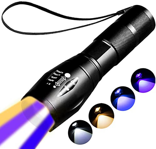 YZYOE Torce multifunzione ricaricabili - 4 colori, 395NM luce nera UV torcia, colore di monitoraggio del sangue per la caccia, 4 modalità. Luce nera UV LED e luce blu e luci bianca e luci gialle.