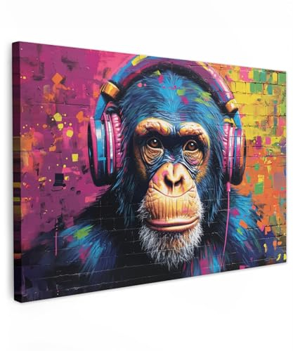 MuchoWow© Impression sur Toile Photo Peinture 120x80 cm Tableau Decoration Murale Chambre Salon Maison Deco Cuisine Graffiti - Chimpanzé - Street art - Casque - Singe - Banksy