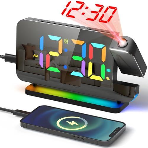 VOSFEEL Projektionswecker, 8 Zoll LED Digitale Spiegeluhren, Radiowecker mit RGB Farb Digitalzeit, 180°Drehbare Projektion Digitaler Wecker 12/24 Stunden Schlummerfunktion USB Typ-c