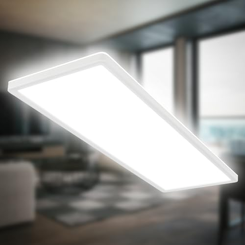 B.K.Licht - LED Deckenlampe mit indirektem Licht, 3cm flach, neutralweißes Licht, Lampe, Deckenleuchte, Wohnzimmerlampe, LED Panel, Küchenlampe, Deckenbeleuchtung, 58x20x3 cm, Weiß