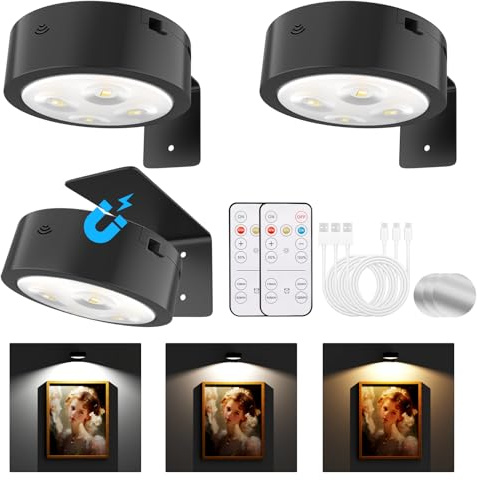 Tututry 3 Pack Wireless Picture Light, Rechargeable 2000mAh Battery Operated with Remote & Timer, Dimmable 3 Color Temps Magnetic Frame Light for Painting, Poster, Gallery Wall Decor