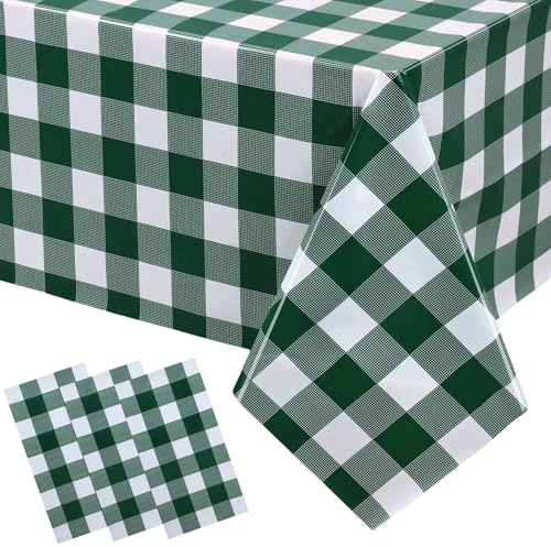SAJOO 3 Packs Green Gingham Tablecloth 54 x 108 Inch Rectangular Checkered Plastic Table Cloth Disposable Waterproof Plaid Table Covers for Birthday Party Picnic
