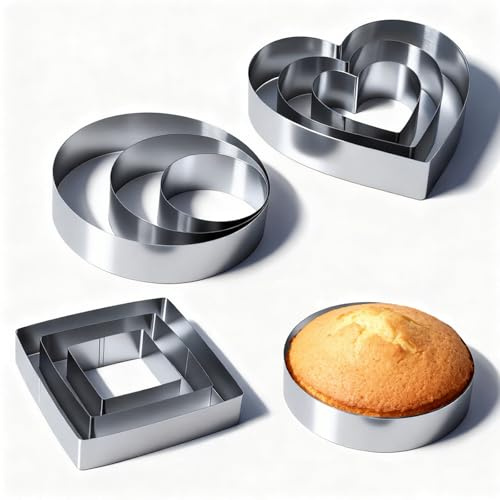 MUNGHOK Juego de 9 anillos para tartas de acero inoxidable, 10/15/20 cm, forma redonda + molde de corazón + anillo para tartas, rectangular, acero inoxidable, juego de anillos para postres, 4,5 cm de