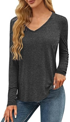 Wayleb Long Sleeve T Shirts for Women UK V-Neck Fitted Lightweight Cotton Casual Top Going Out Street Shirt Basic Tee Dark Grey S-3XL