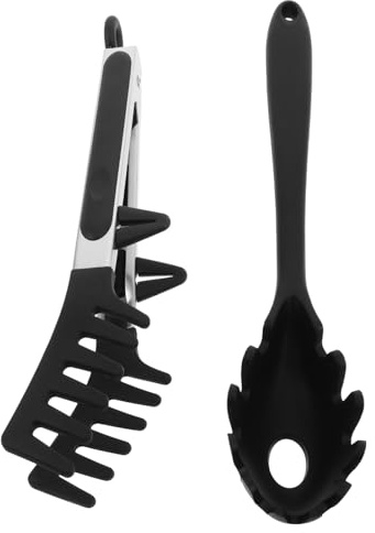 GALPADA Cucchiaio in Silicone e Pinze per Pasta Set di Utensili da Cucina per Mescolare e Servire Spaghetti e Noodle Resistente al Calore Nero
