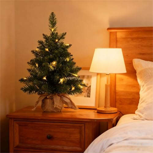 Pre-lit Mini Christmas Tree, 2ft Artificial Tree with 50 Warm White LEDs & 72 Branches, Battery-Operated for Table, Desk & Home Decor