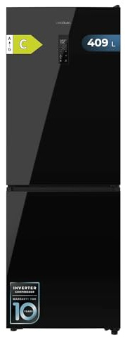 Cecotec Kühlschrank Kombi 409 L Total No Frost Bolero CoolMarket Combi 409 Black Glass C. Höhe 185 cm, Max Inside mit VIP Tech, Inverter-Kompressor Plus, geringer Stromverbrauch, variable Temperatur